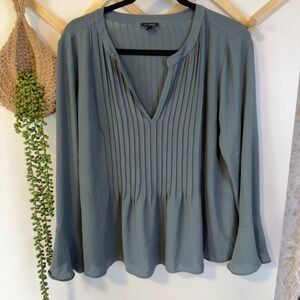 Ann Taylor Blouse M Slate Blue Pintuck Pleated Bell Sleeve V-Neck Top